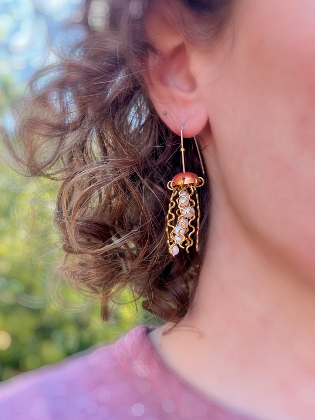 Red Copper Jellyfish Earrings with White Pearls and Sterling Silver Earwires by Alison Morse at Shirley Shoppe
