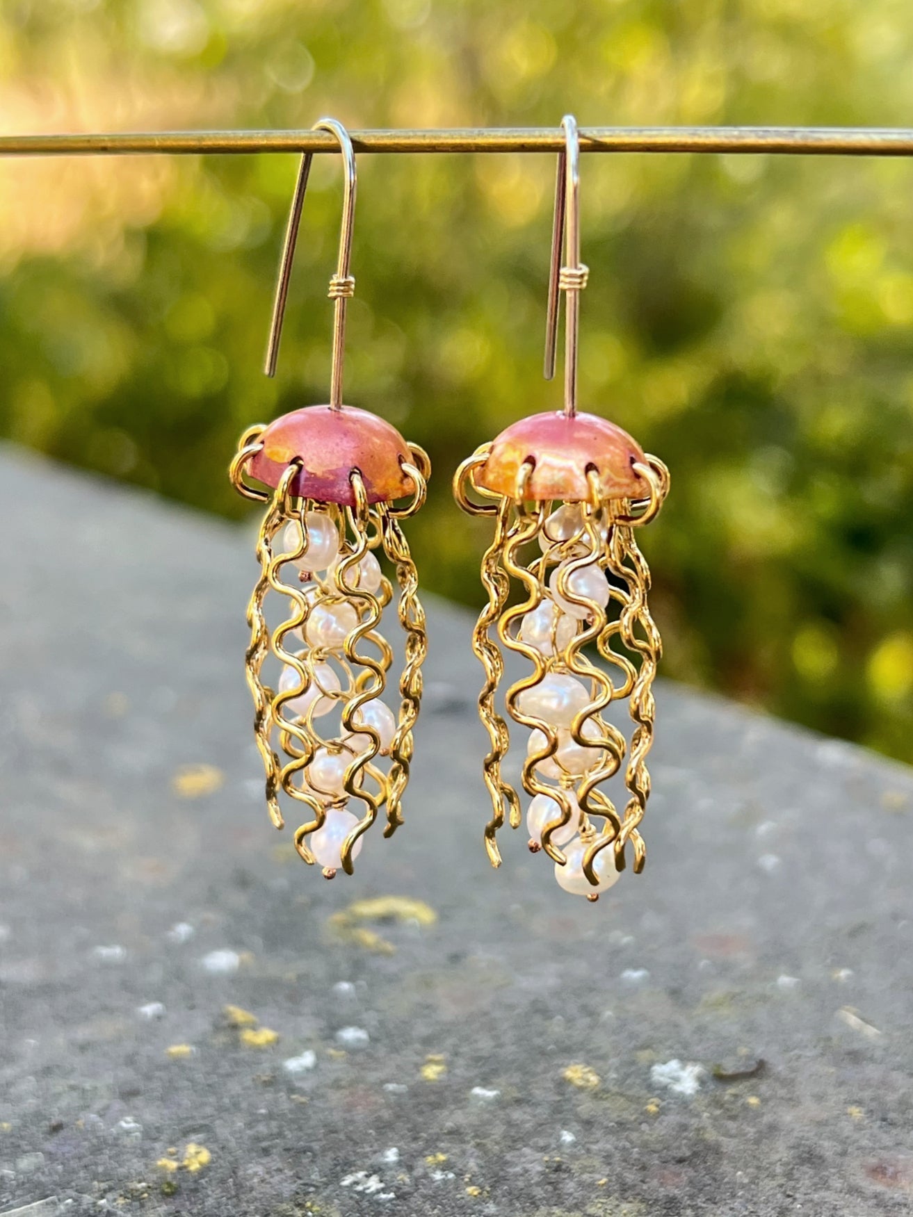 Red Copper Jellyfish Earrings with White Pearls and Sterling Silver Earwires by Alison Morse at Shirley Shoppe