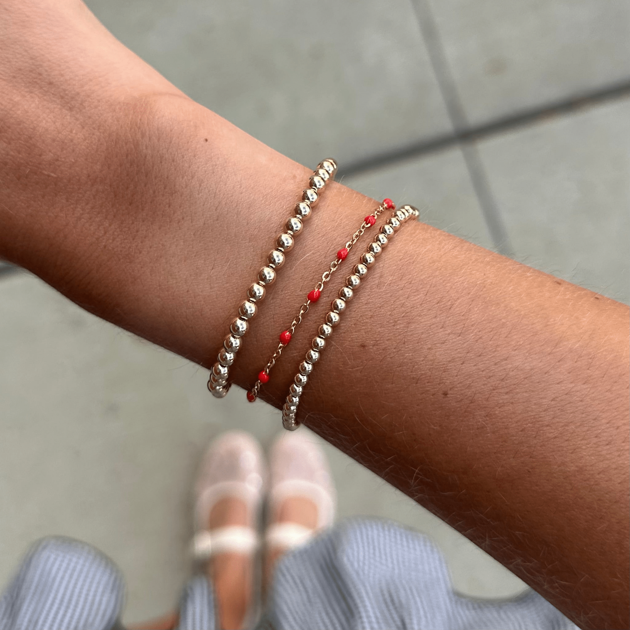 red daisy + juno bracelet triple stack (3+4mm) by Cuffed by Nano LLC at Shirley Shoppe
