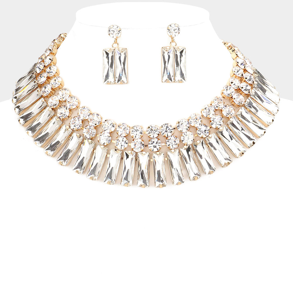 Round Rectangle Stone Cluster Evening Necklace