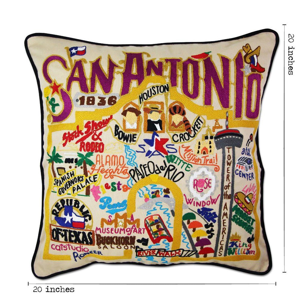 San Antonio, TX Hand - Embroidered Pillow by Quirks! at Shirley Shoppe