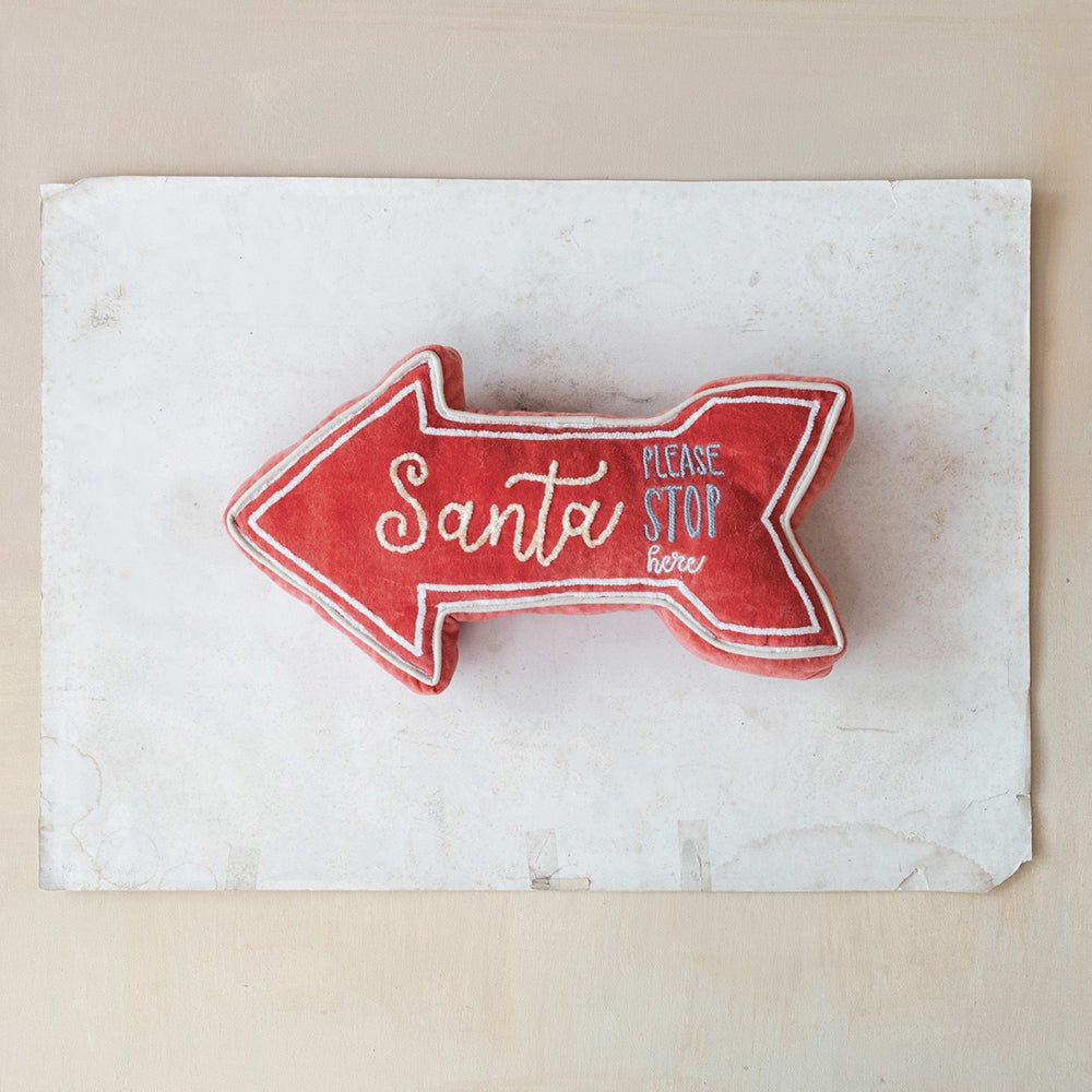 "Santa Stop Here" Velvet Arrow Shaped Lumbar Pillow by Quirks! at Shirley Shoppe