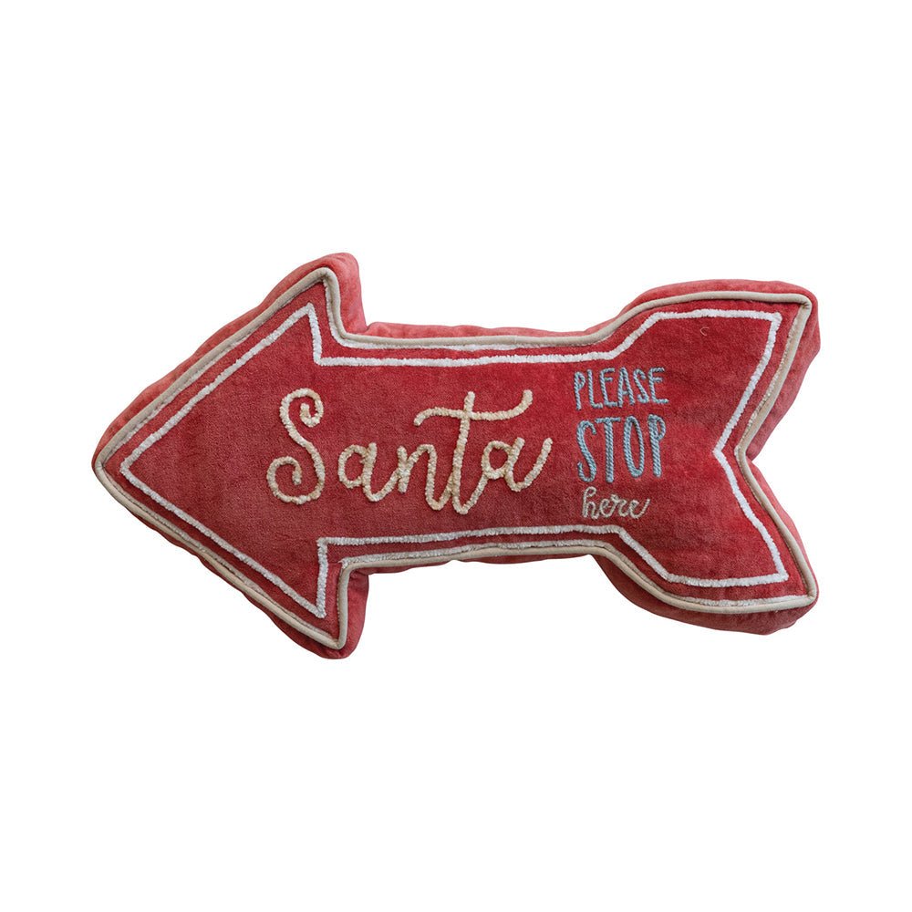 "Santa Stop Here" Velvet Arrow Shaped Lumbar Pillow by Quirks! at Shirley Shoppe