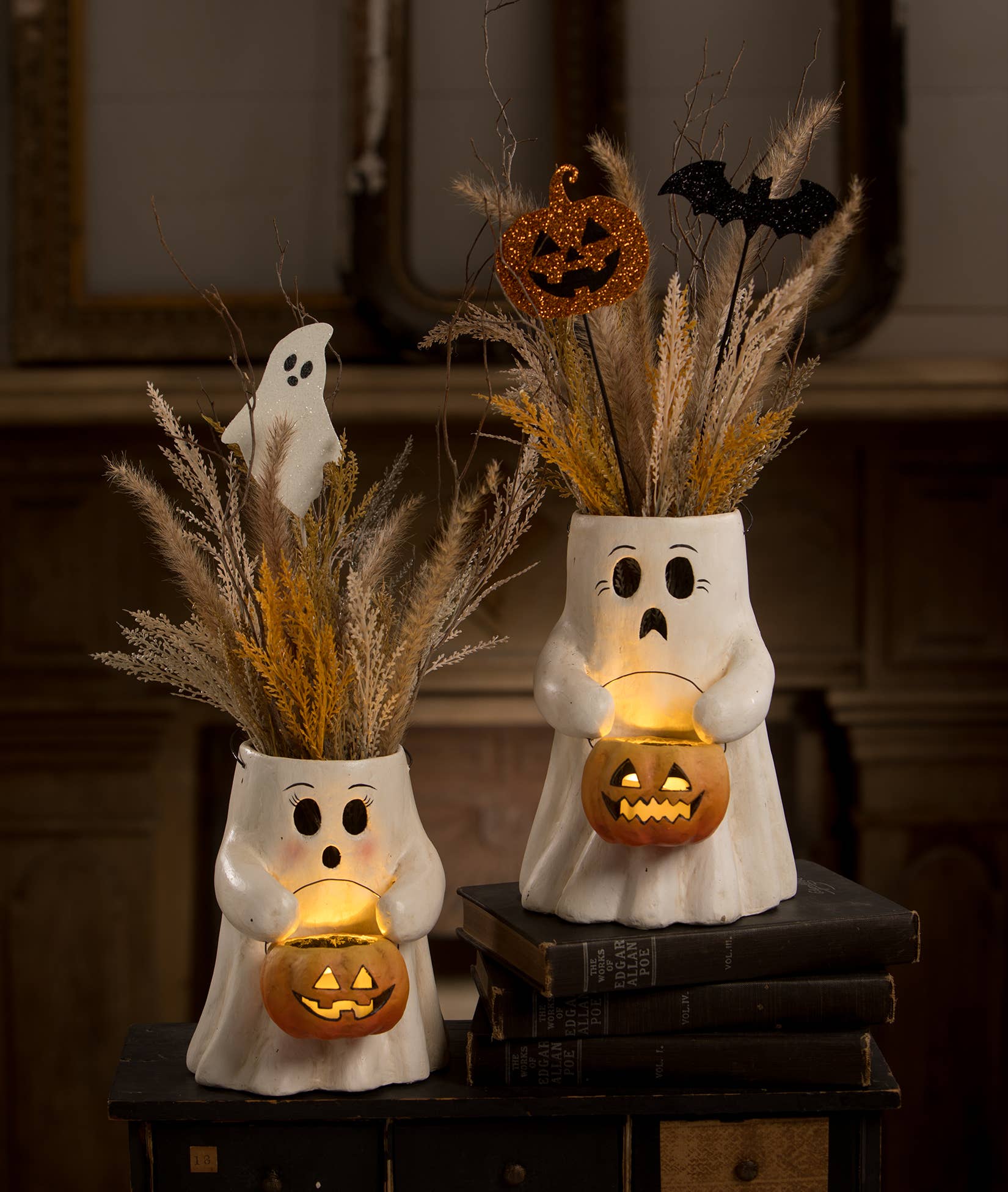 Scaredy Boo With Pumpkin Bucket Paper Mache by Quirks! at Shirley Shoppe