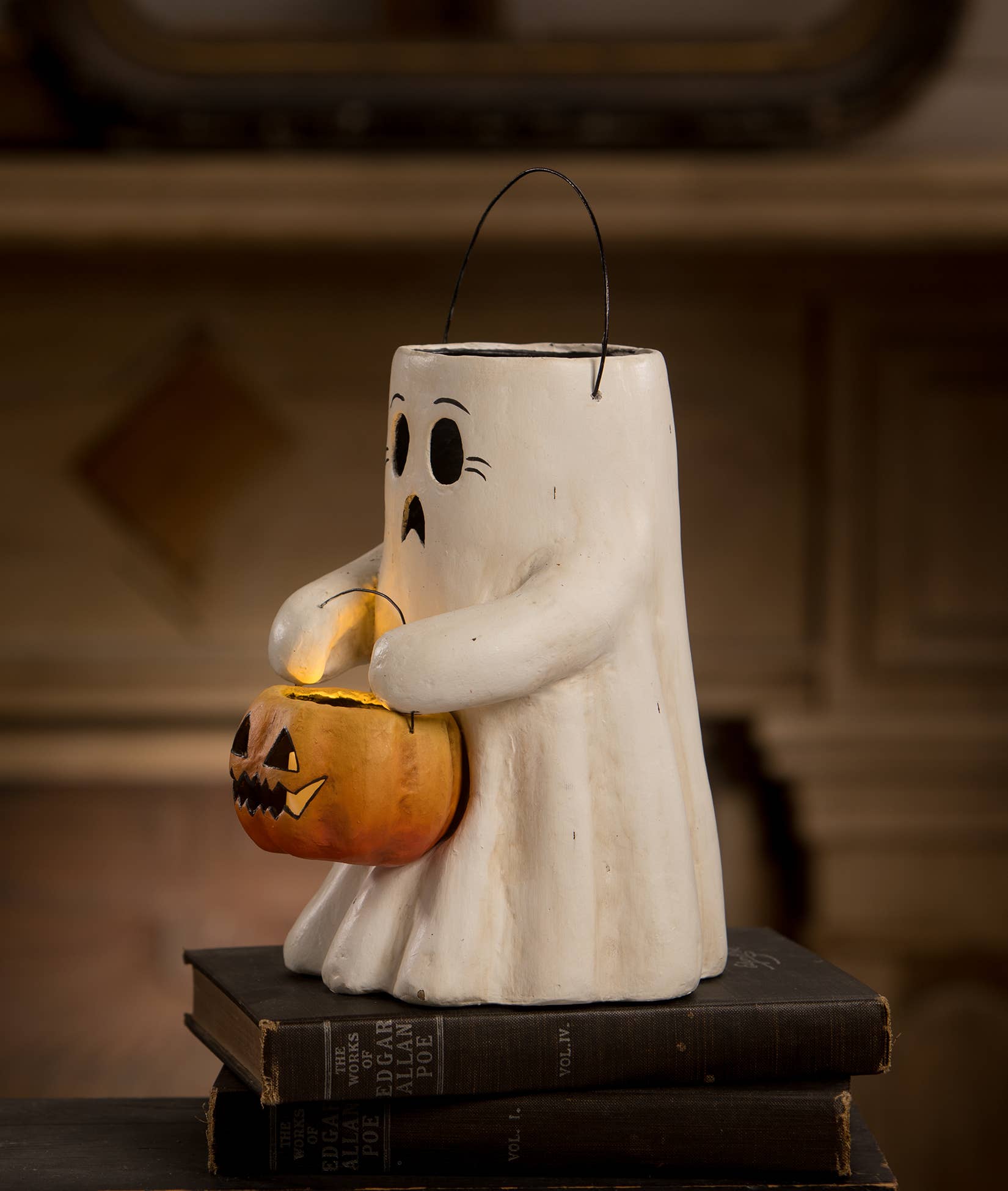Scaredy Boo With Pumpkin Bucket Paper Mache by Quirks! at Shirley Shoppe