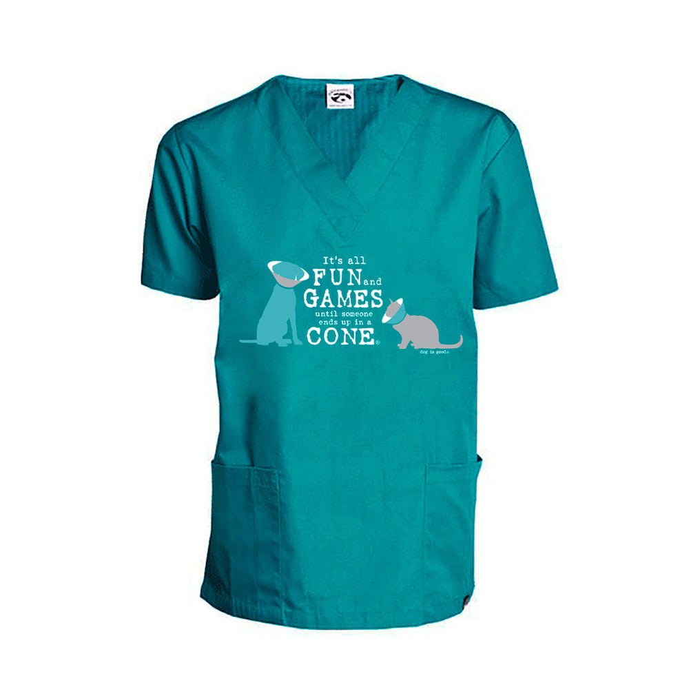 Scrub Top: It’s All Fun and Games Until Someone Ends Up in a Cone®, Cat/Dog (Teal) by Dog is Good at Shirley Shoppe