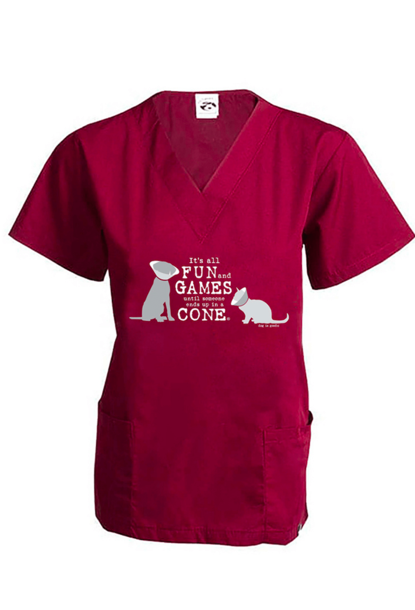 Scrub Top: It’s All Fun and Games Until Someone Ends Up in a Cone®, Cat/Dog (Wine) by Dog is Good at Shirley Shoppe