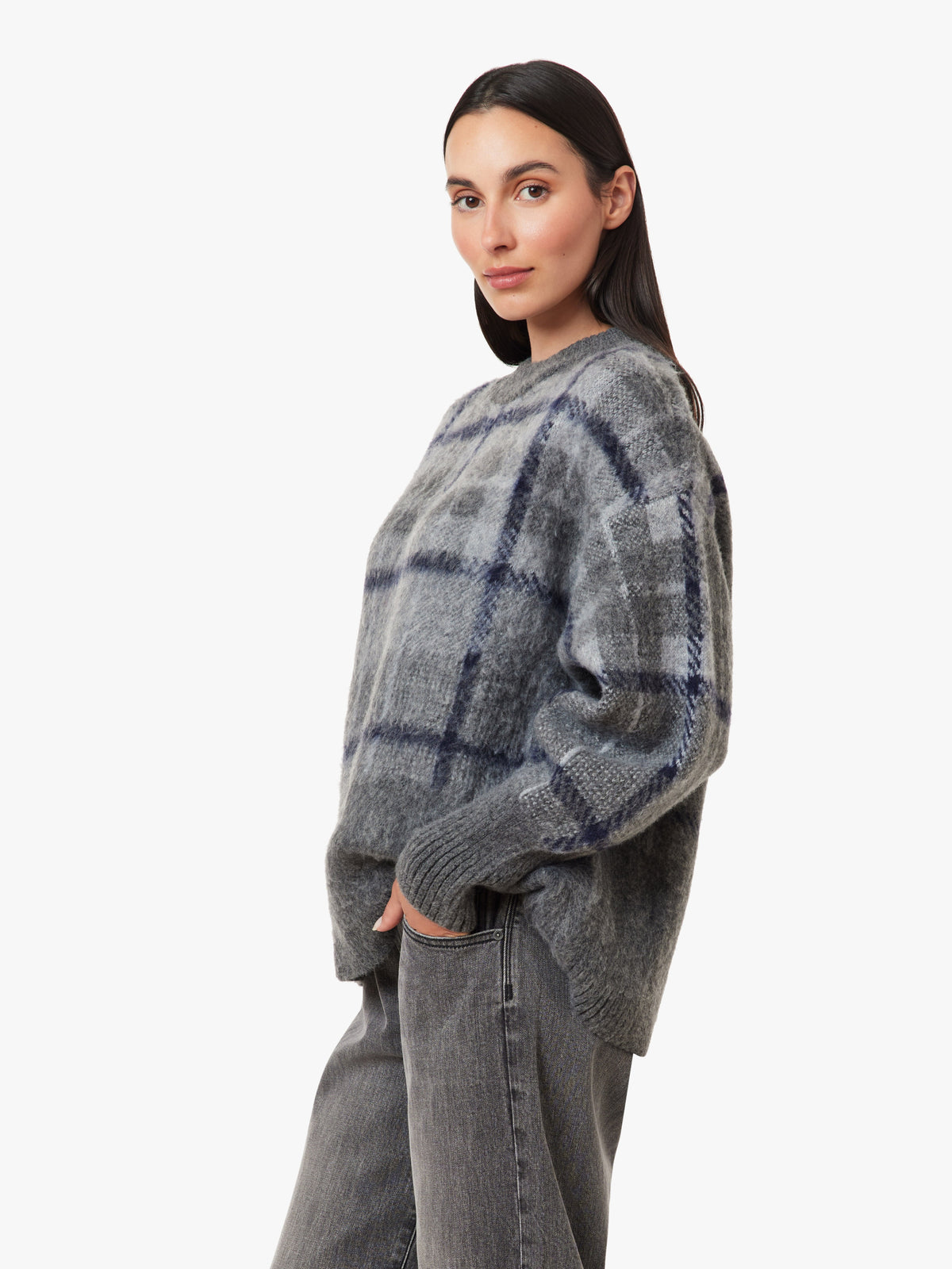 Brushed Plaid Sweater in Grey