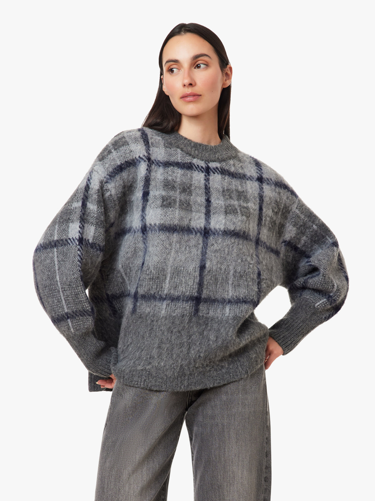 Brushed Plaid Sweater in Grey