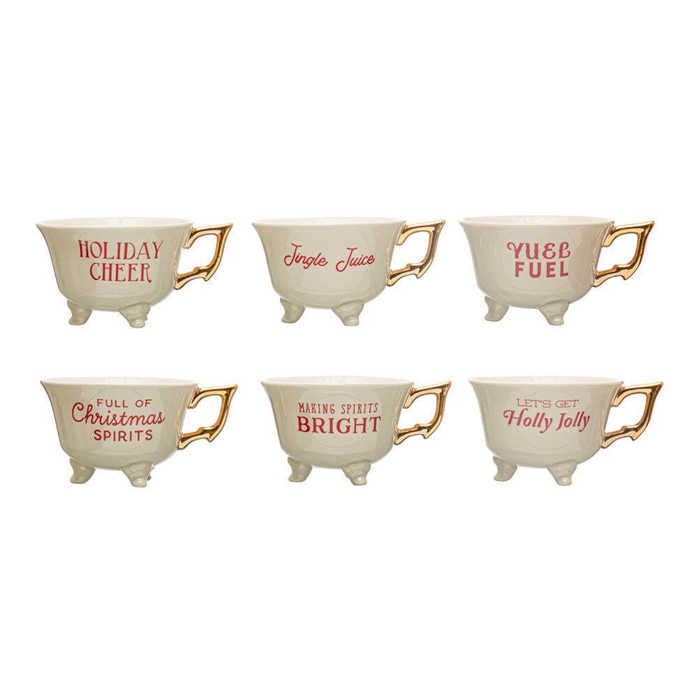 Set of 6 Sassy Holiday Footed Teacups w/ Gold Electroplating by Quirks! at Shirley Shoppe