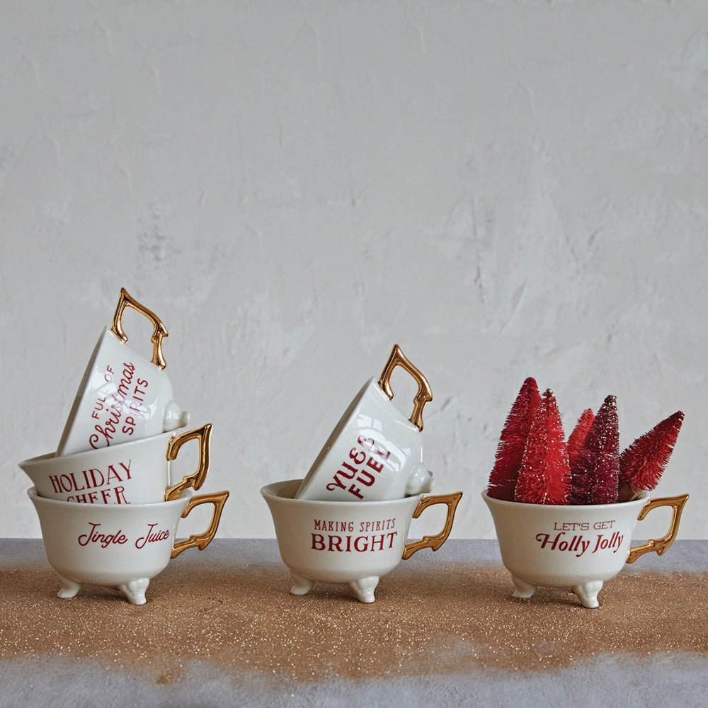 Set of 6 Sassy Holiday Footed Teacups w/ Gold Electroplating by Quirks! at Shirley Shoppe