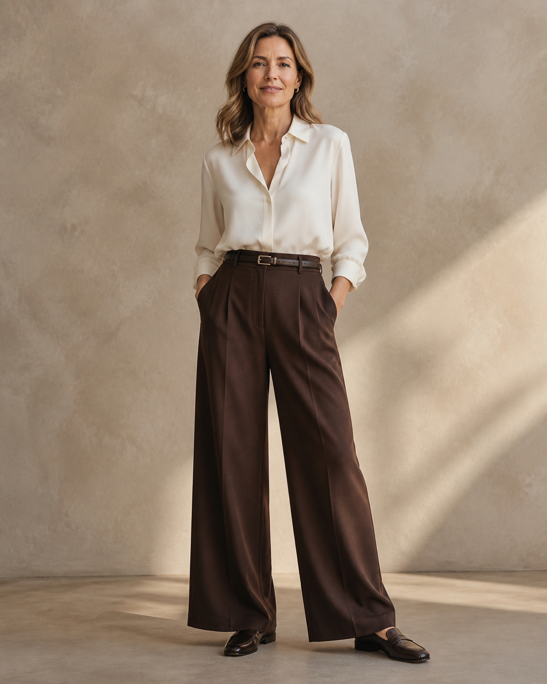 Woman wearing chocolate wide-leg trousers and a cream blouse
