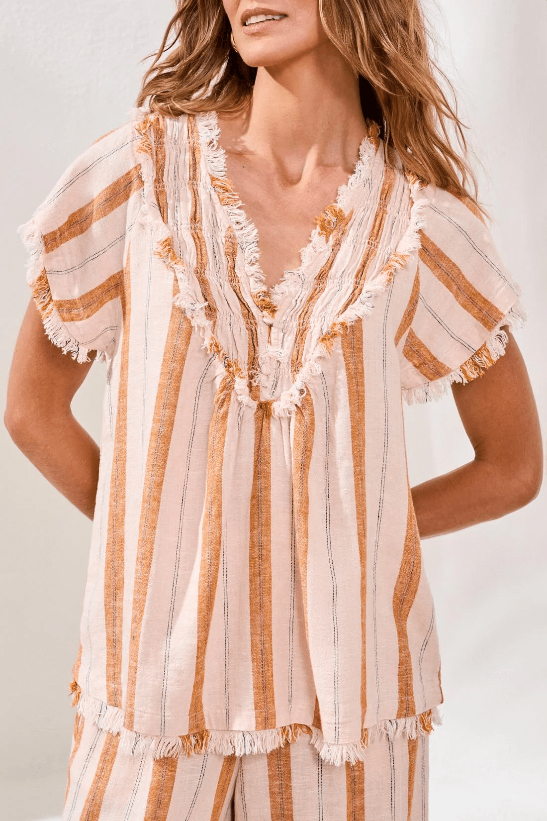 Short Sleeve Blouse with Raw Edge by Tribal at Shirley Shoppe