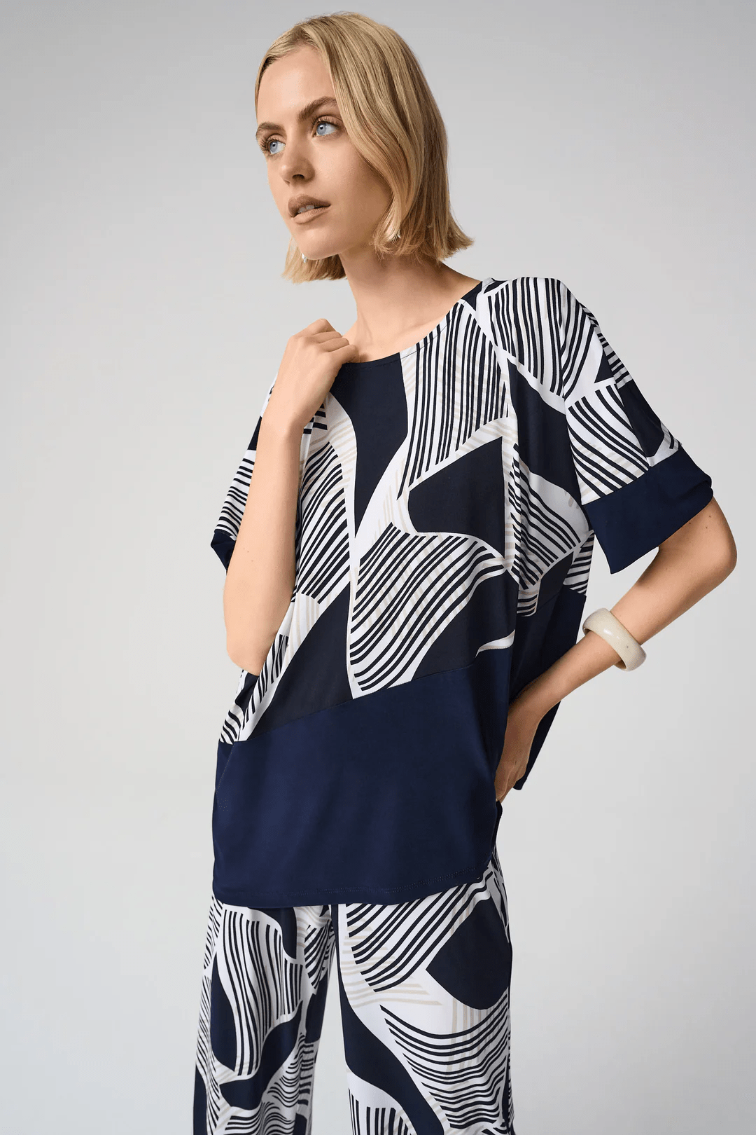 Silky Knit Geometric Print Asymmetrical Cocoon Top by Joseph Ribkoff at Shirley Shoppe