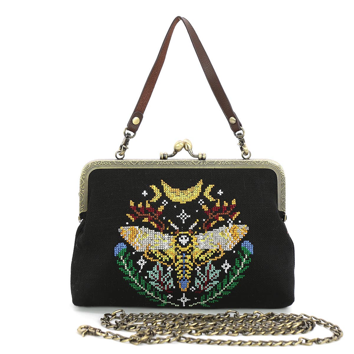 Skull Head Moth Vintage Kisslock Handbag in Linen Blend by Quirks! at Shirley Shoppe