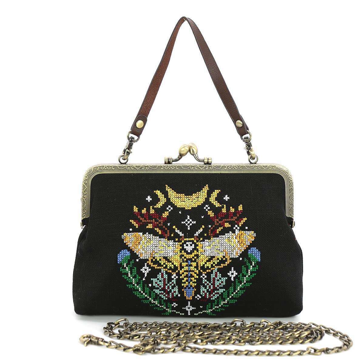 Skull Head Moth Vintage Kisslock Handbag in Linen Blend