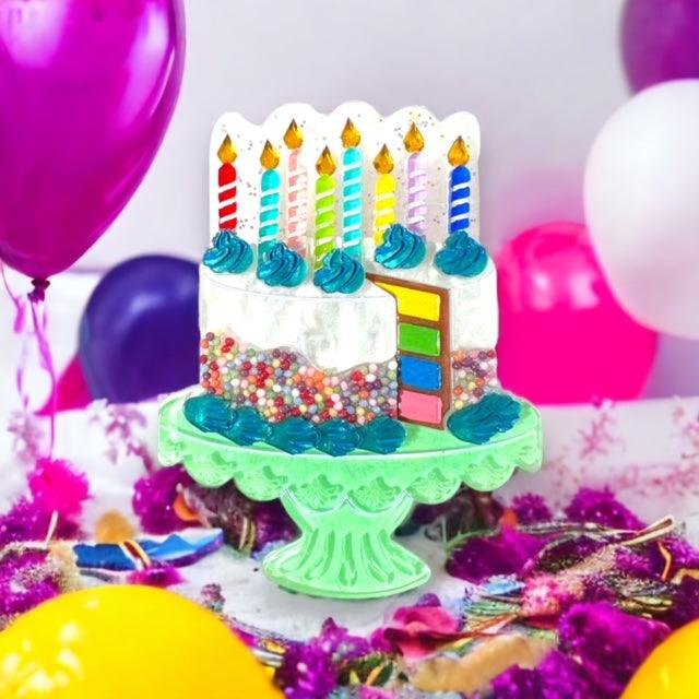 "Slice, Slice Baby" Birthday Cake Brooch by Lipstick & Chrome x Club Eggie — Vintage Birthday Acrylic Pin