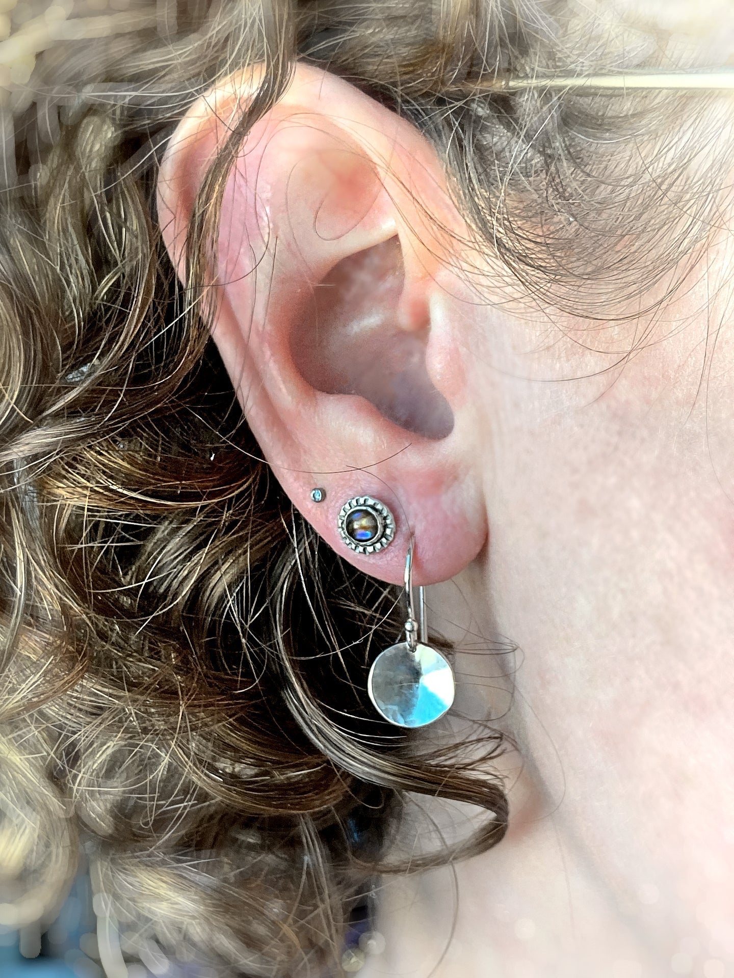 Small Full Moon Earrings | Hammered Circle Drop Earrings | Moon Phase Earrings by Alison Morse at Shirley Shoppe