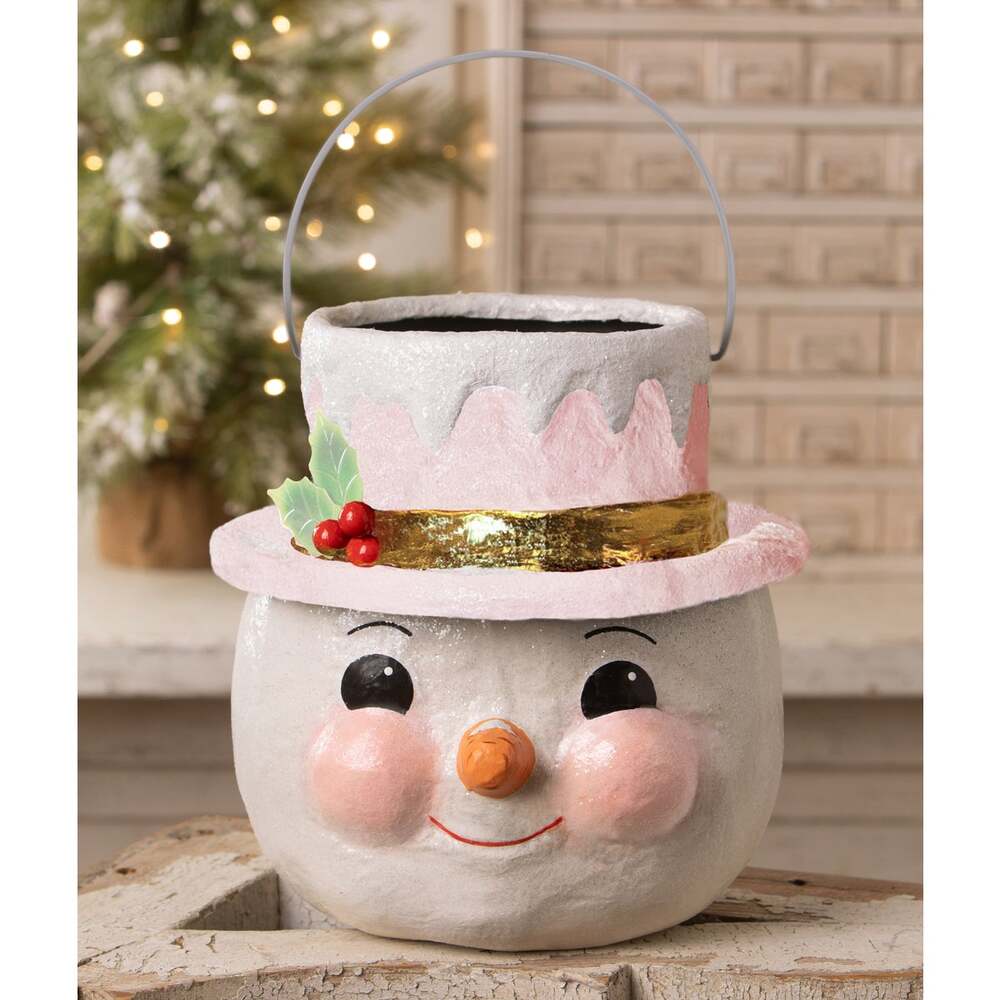 SMALL Pastel Holly Hat Snowman Bucket By Bethany Lowe Designs by Quirks! at Shirley Shoppe