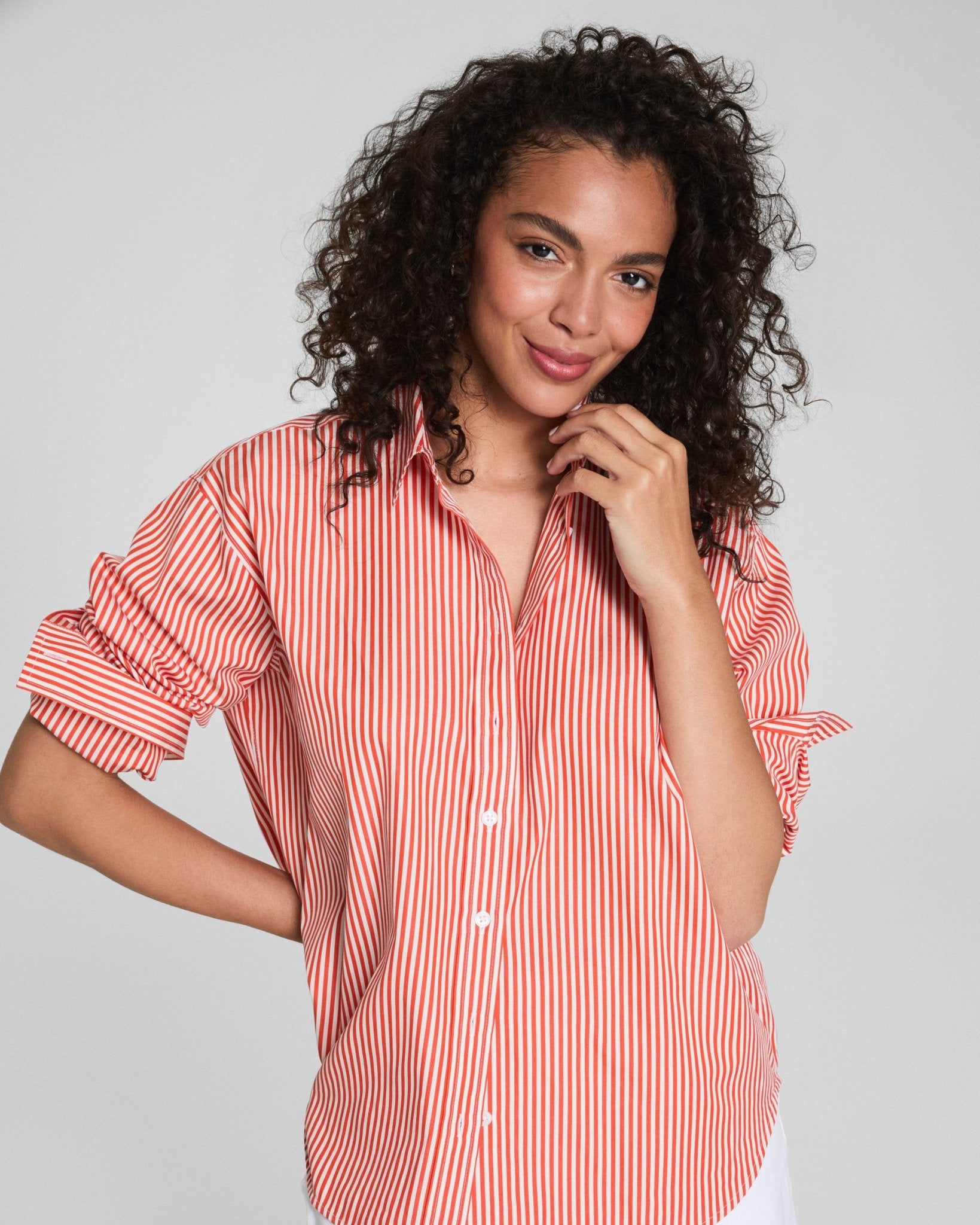 SPANX® Poplin Oversized Button - Up Shirt | Porcelain/Poppy by Spanx at Shirley Shoppe