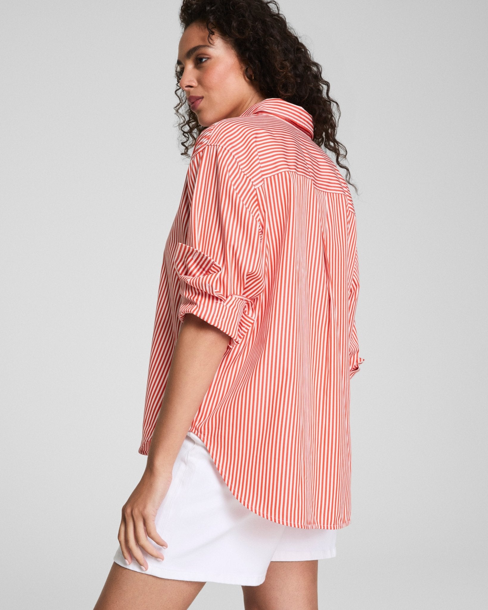 SPANX® Poplin Oversized Button - Up Shirt | Porcelain/Poppy by Spanx at Shirley Shoppe