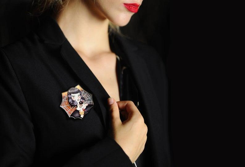 Spider Woman with Web Brooch by Laliblue by Quirks! at Shirley Shoppe