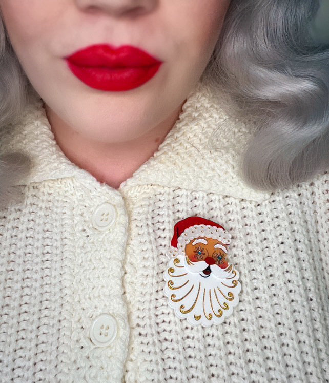 Starry Eyed Santa Brooch by 50's Vintage Dame x Lipstick & Chrome — Retro Christmas Santa Pin