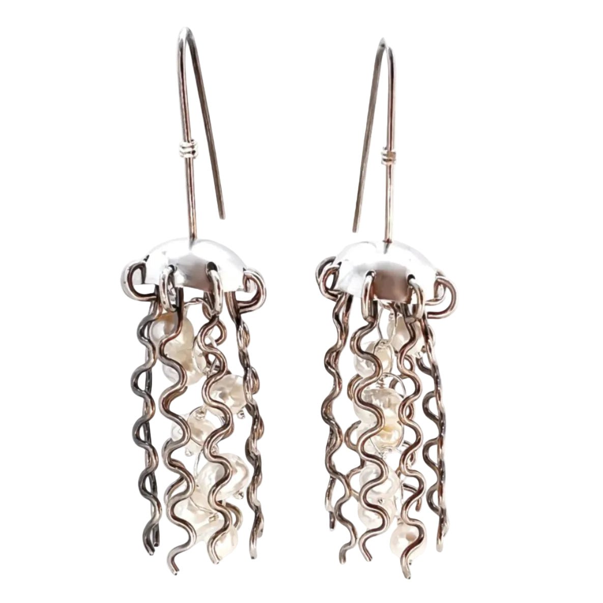 Sterling Silver Jellyfish Earrings with White Pearls by Alison Morse at Shirley Shoppe