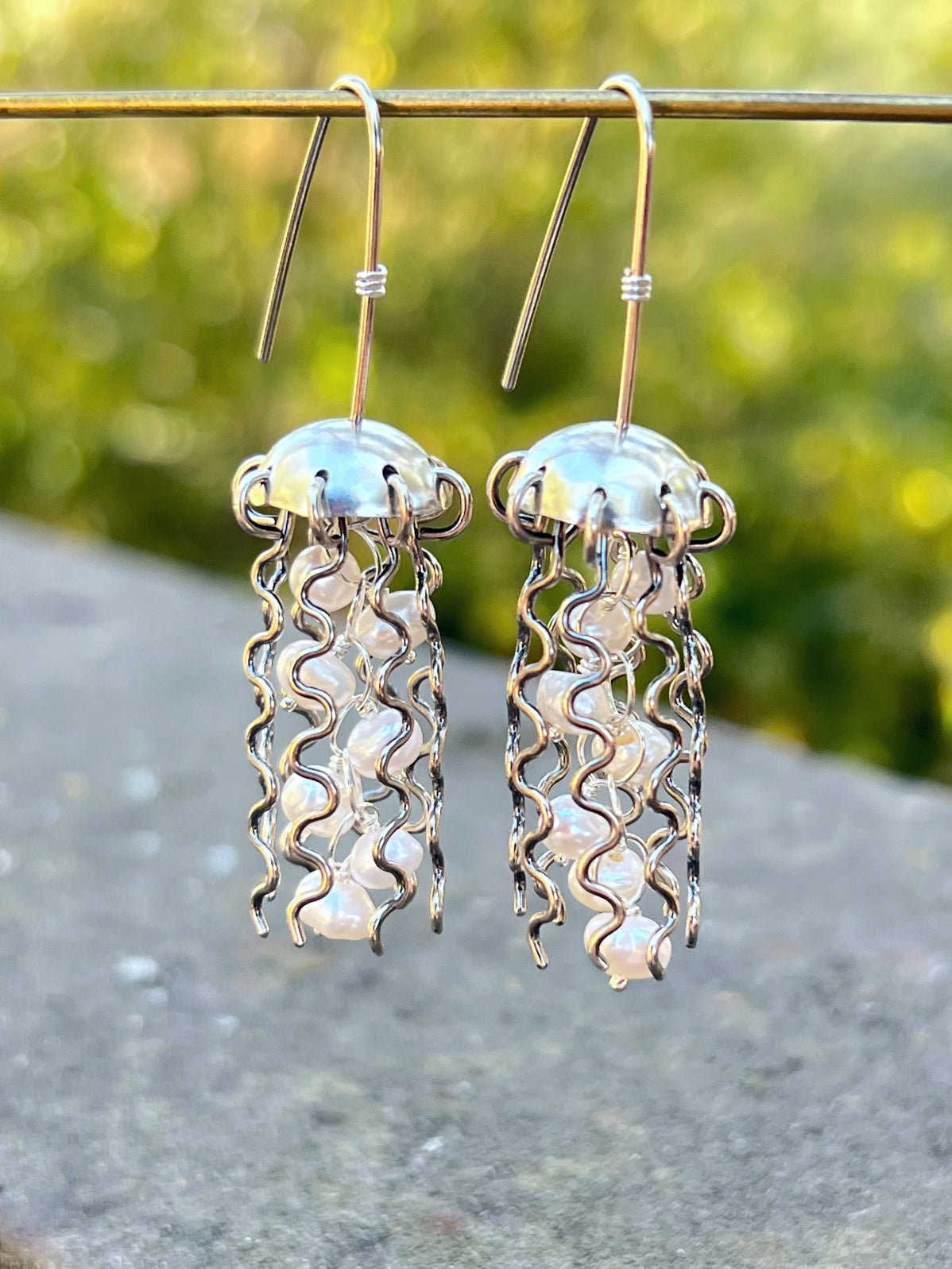 Sterling Silver Jellyfish Earrings with White Pearls by Alison Morse at Shirley Shoppe