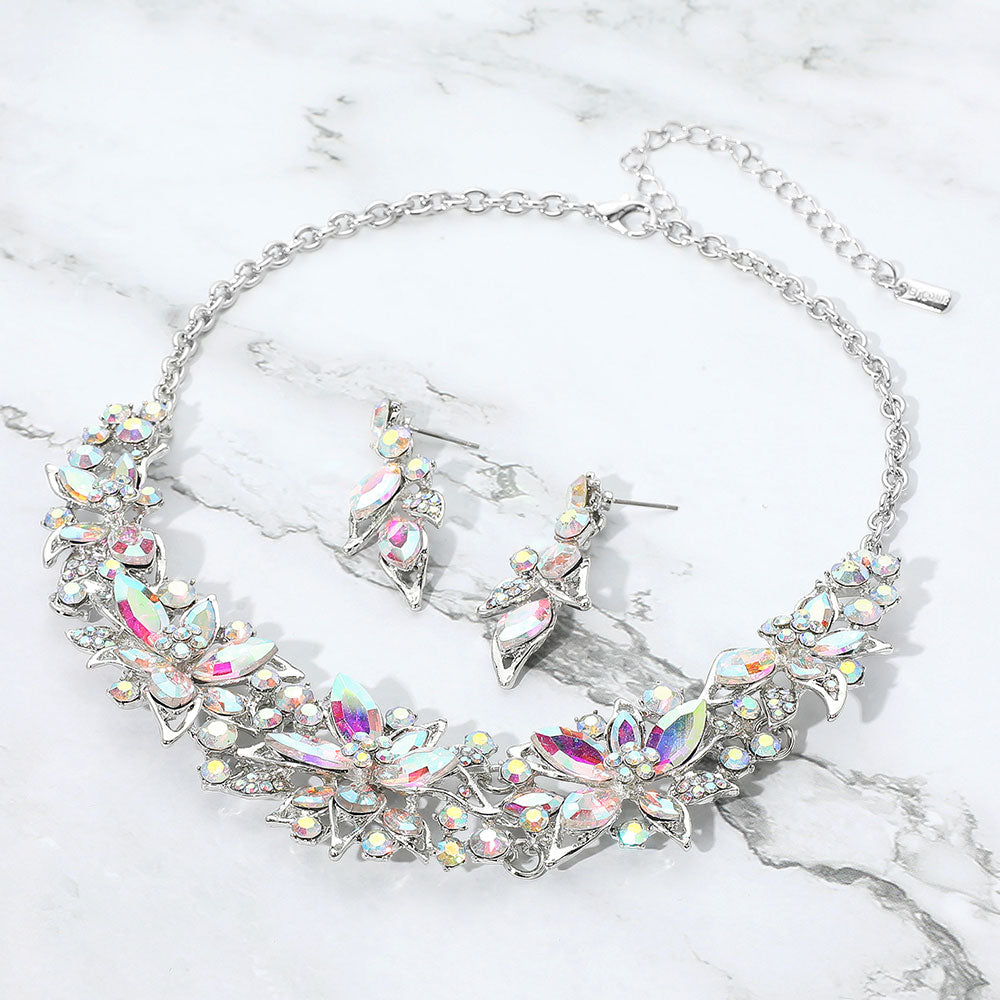 Stone Embellished Flower Collar Evening Necklace