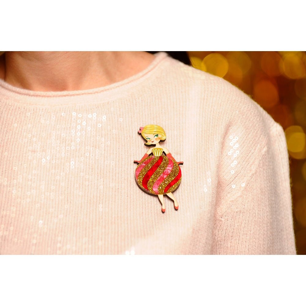 Striped Christmas Lady Ornament Brooch by Laliblue – Retro Kitschy Statement Brooch for Collectors by Quirks! at Shirley Shoppe