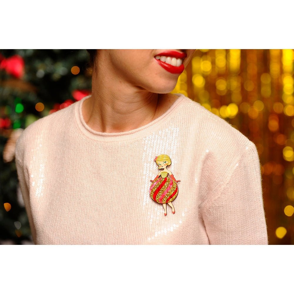 Striped Christmas Lady Ornament Brooch by Laliblue – Retro Kitschy Statement Brooch for Collectors by Quirks! at Shirley Shoppe