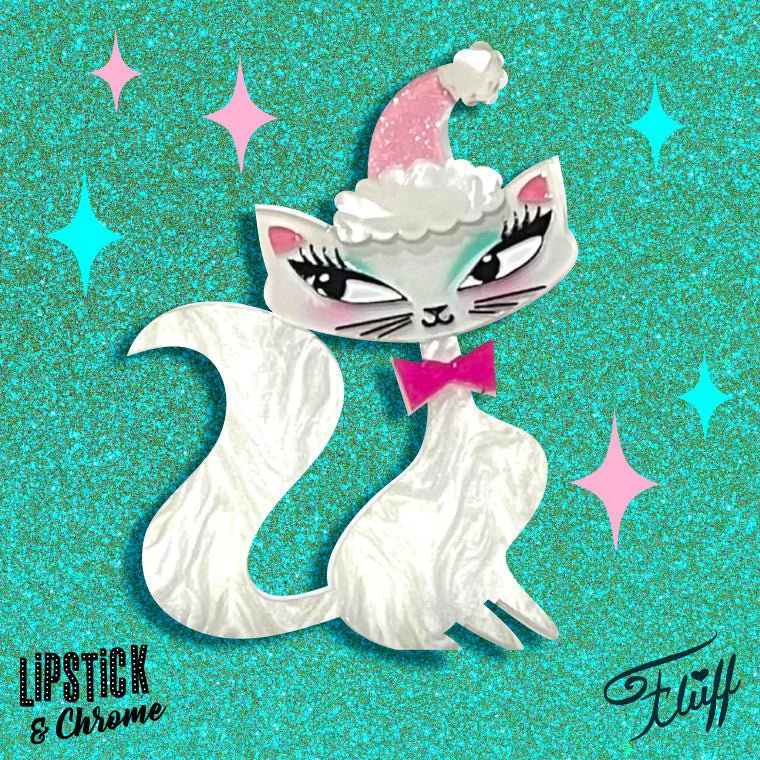 Swanky Pinkmas Kitty Brooch by Miss Fluff x Lipstick & Chrome by Quirks! at Shirley Shoppe