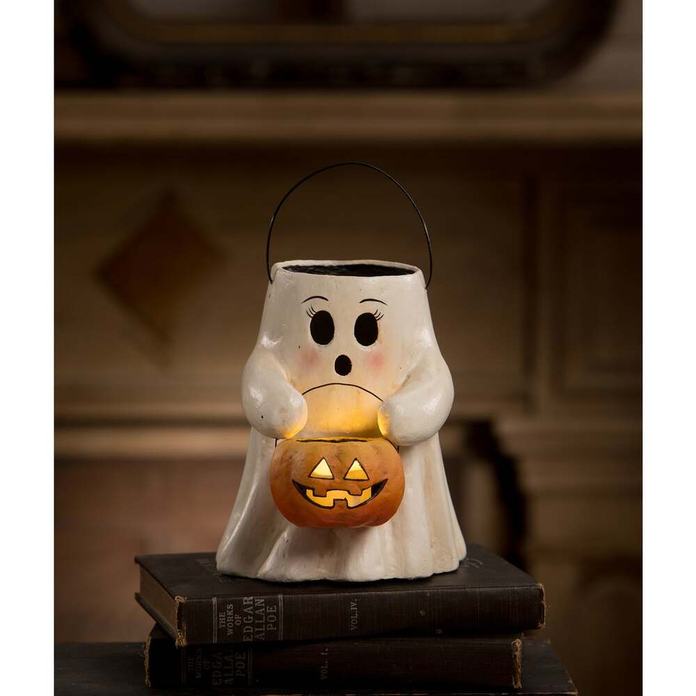 Sweet Boo With Pumpkin Bucket Paper Mache by Bethany Lowe Designs by Quirks! at Shirley Shoppe