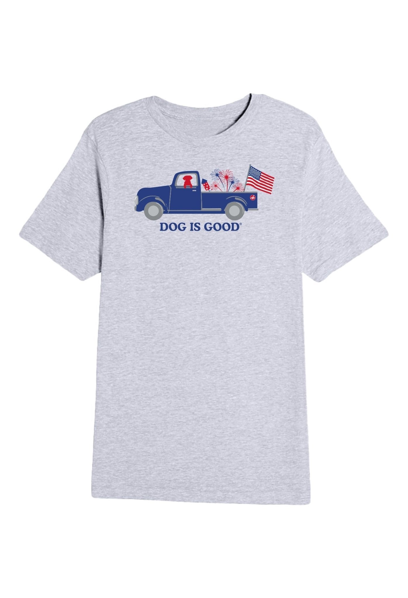 T-shirt: Dog is Good Patriotic Truck (Unisex, Grey) by Dog is Good at Shirley Shoppe