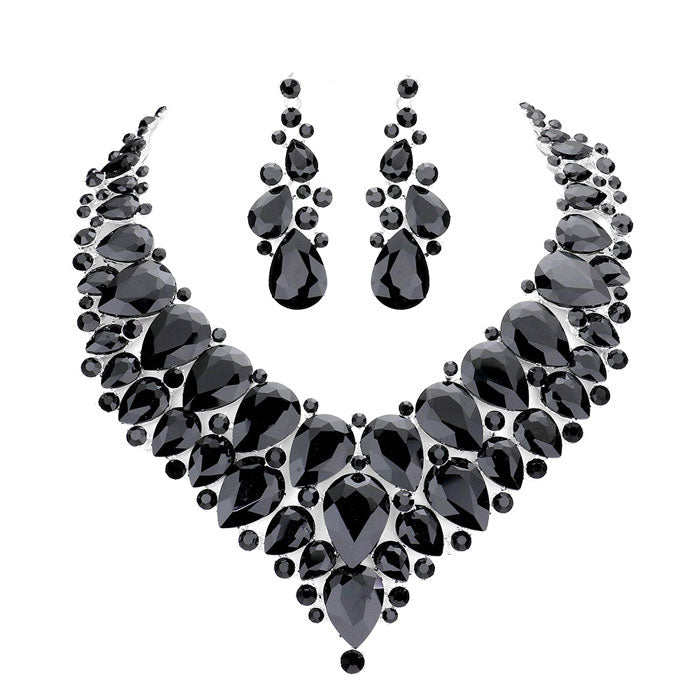 Teardrop Cluster Rhinestone Collar Necklace Earrings Set