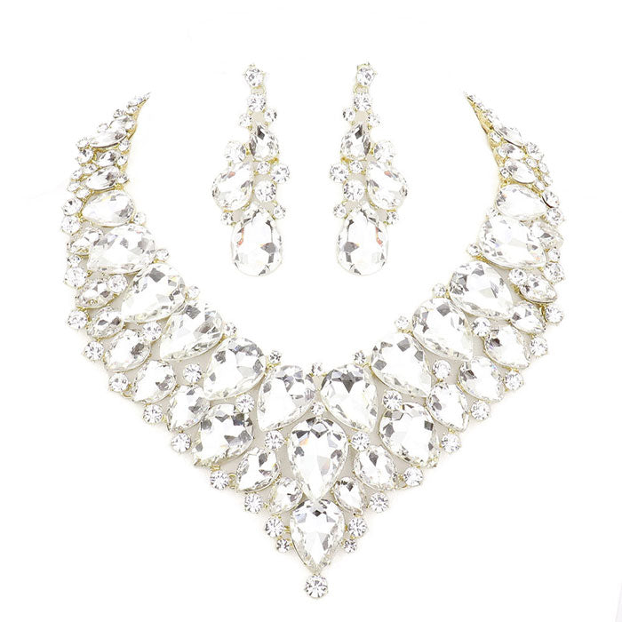 Teardrop Cluster Rhinestone Collar Necklace Earrings Set