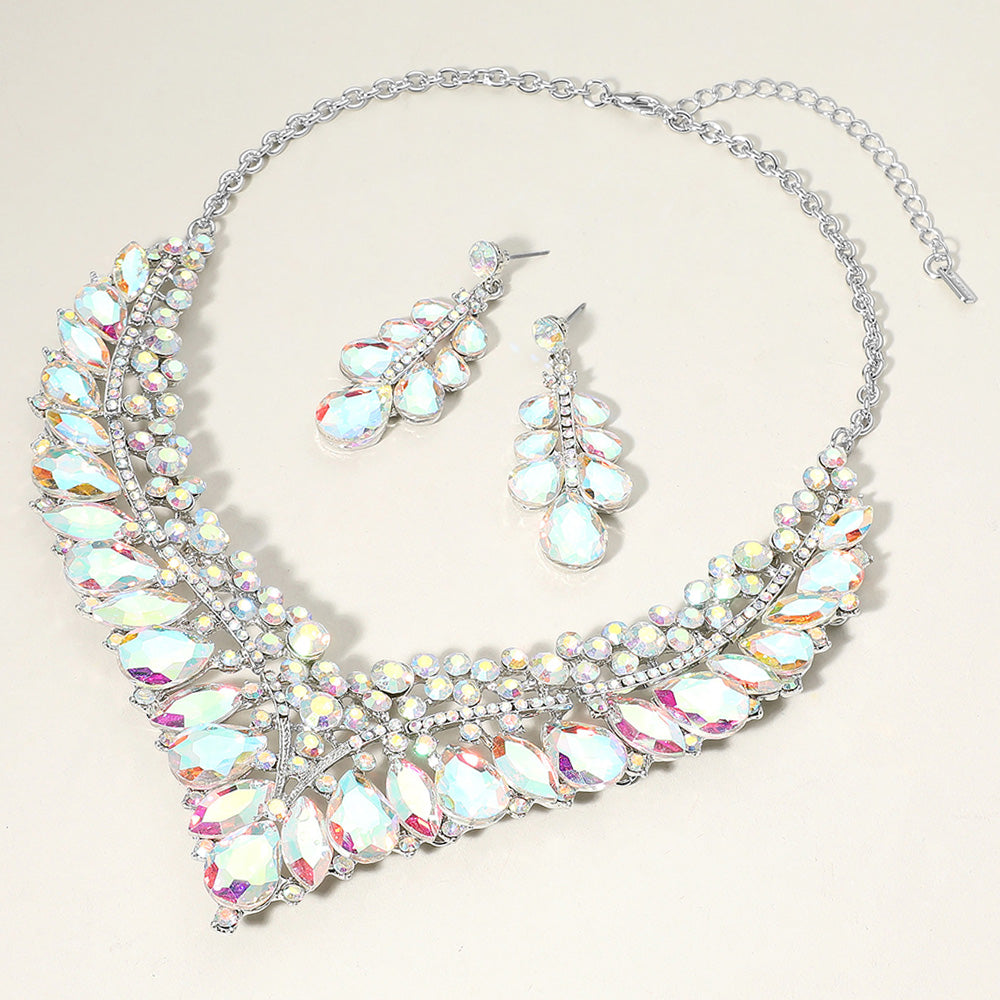 Teardrop Marquise Round Stone Embellished V Shaped Evening Necklace