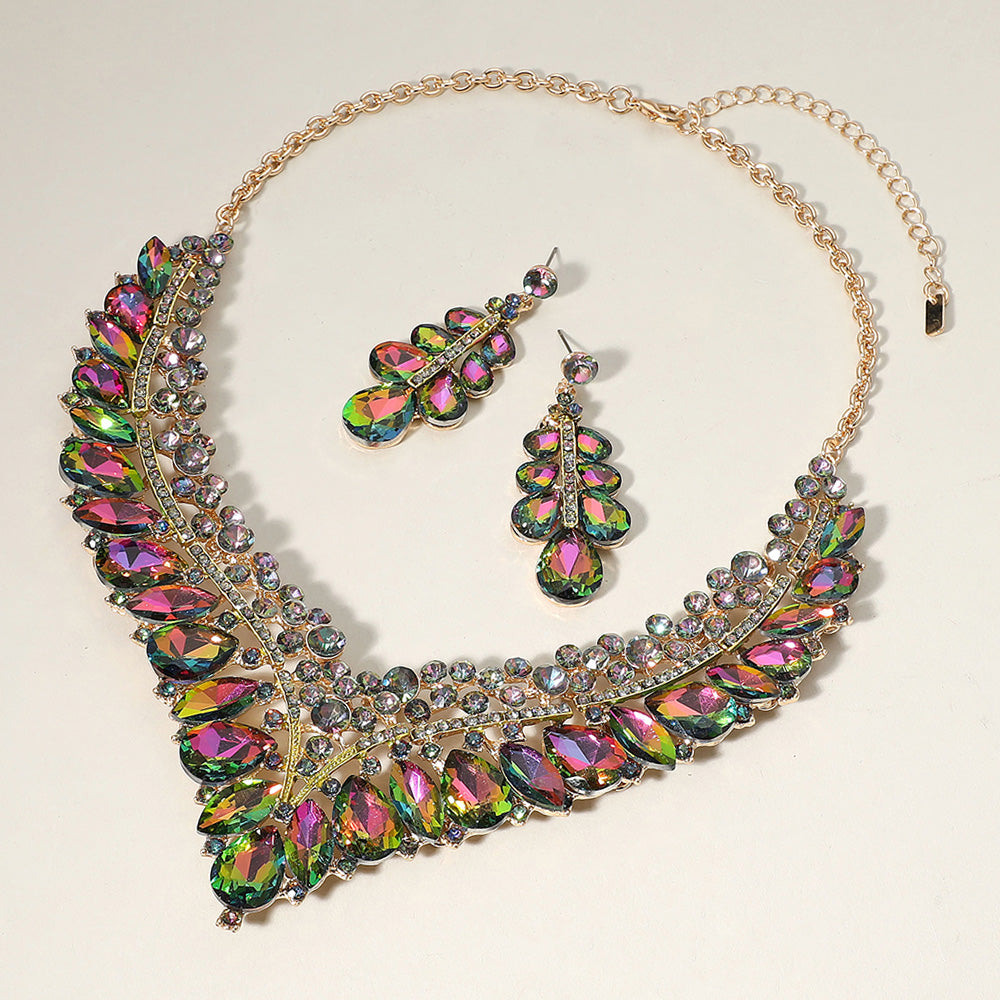Teardrop Marquise Round Stone Embellished V Shaped Evening Necklace
