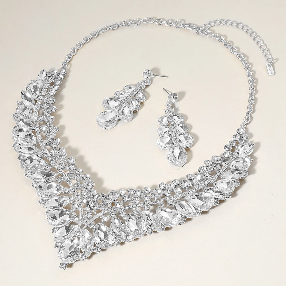 Teardrop Marquise Round Stone Embellished V Shaped Evening Necklace