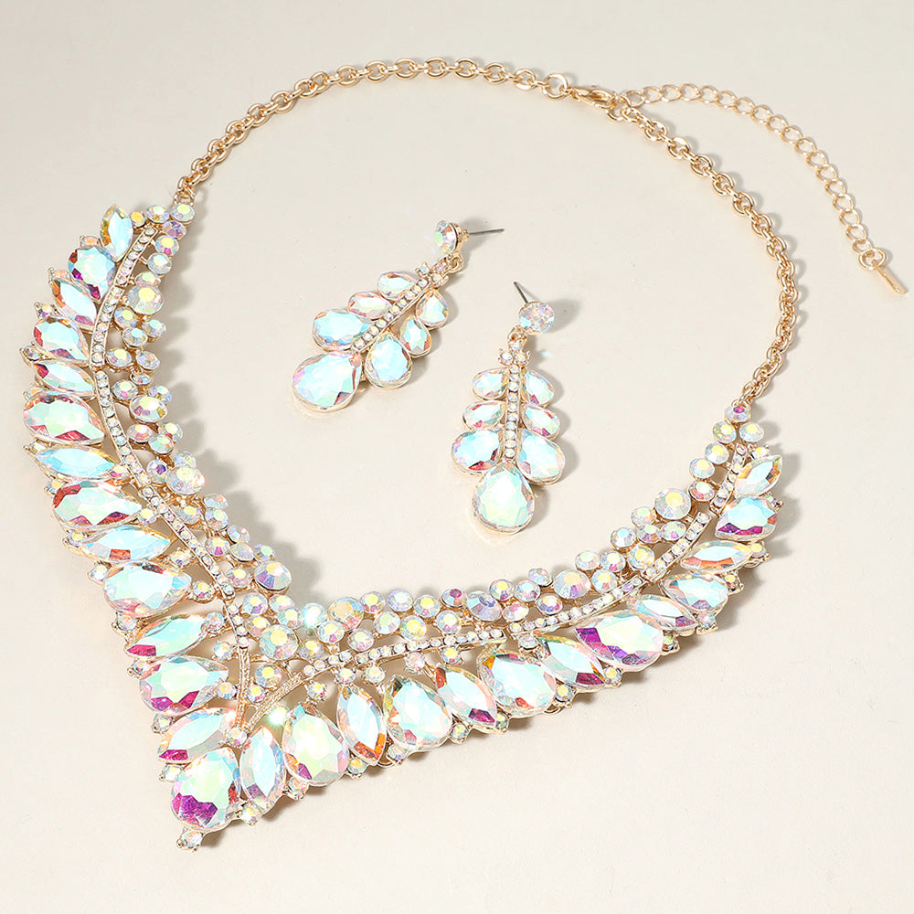 Teardrop Marquise Round Stone Embellished V Shaped Evening Necklace