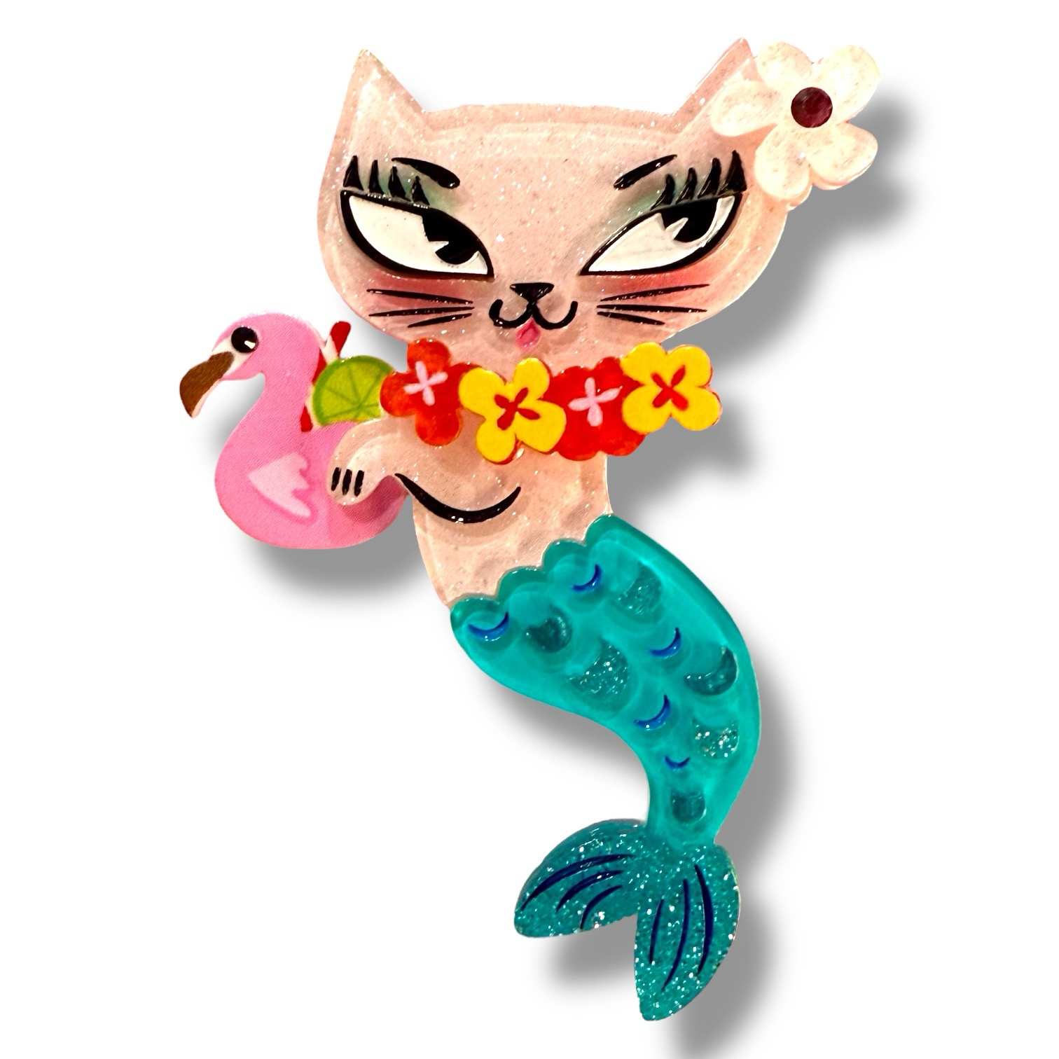 Tiki Merkitty Brooch by Miss Fluff x Lipstick & Chrome — Vintage Tiki Mermaid Cat Acrylic Pin