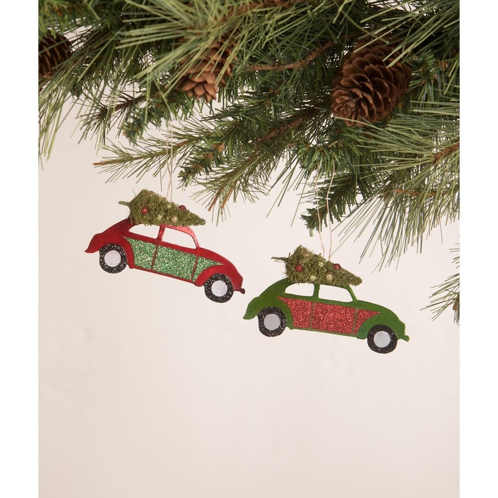 Tin Punch Buggy with Tree Ornament Set of 2 by Bethany Lowe Designs by Quirks! at Shirley Shoppe