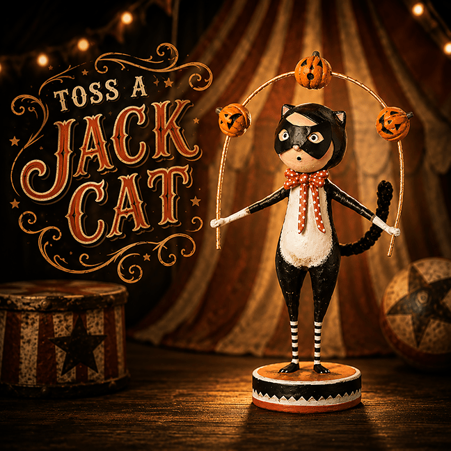Toss a Jack Cat Halloween Figurine by Lori Mitchell — 7-Inch Folk Art Poly Resin Collectible by Quirks! at Shirley Shoppe