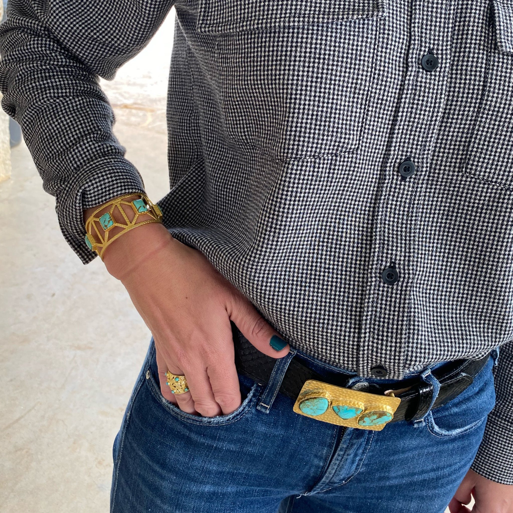 Turquoise and Hammered Gold Belt Buckle by Christina Greene at Shirley Shoppe