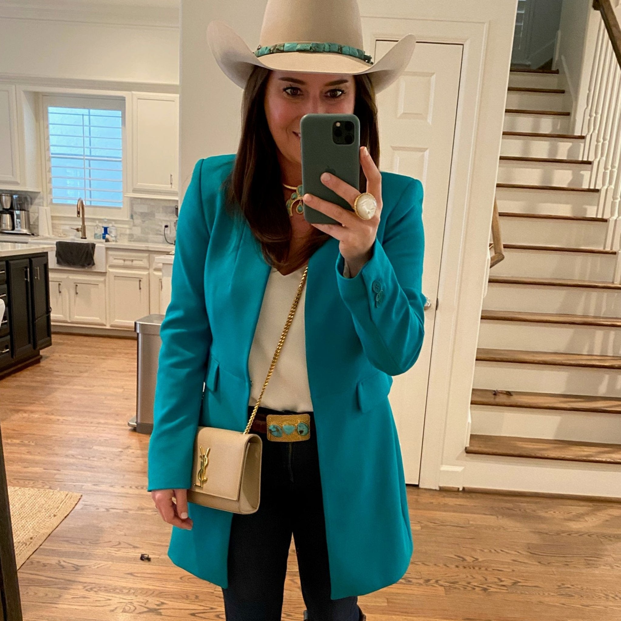 Turquoise and Hammered Gold Belt Buckle by Christina Greene at Shirley Shoppe