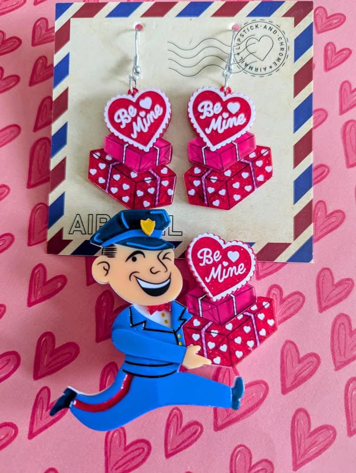 Valentine's Happy Mail Brooch & Earrings Set by 50's Vintage Dame x Lipstick & Chrome by Quirks! at Shirley Shoppe