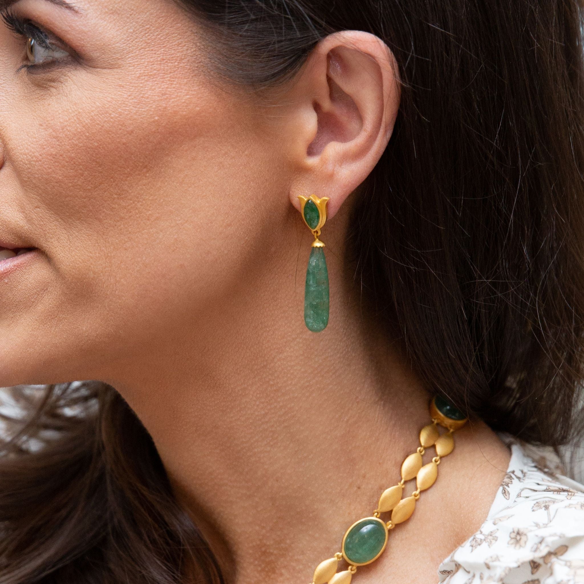Verona Tulip Drop Earrings - Green Strawberry Quartz by Christina Greene at Shirley Shoppe