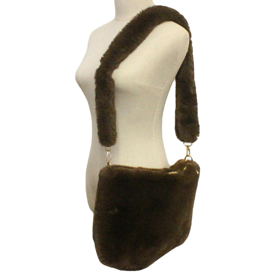 Zipper Closure  Solid Faux Fur Crossbody Bag